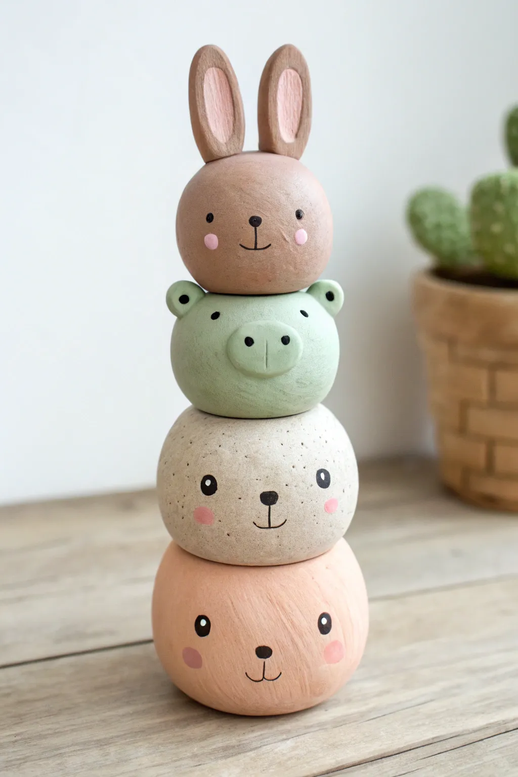 Stackable mini bear, bunny and frog totem, sweet minimalist clay set for your shelf.