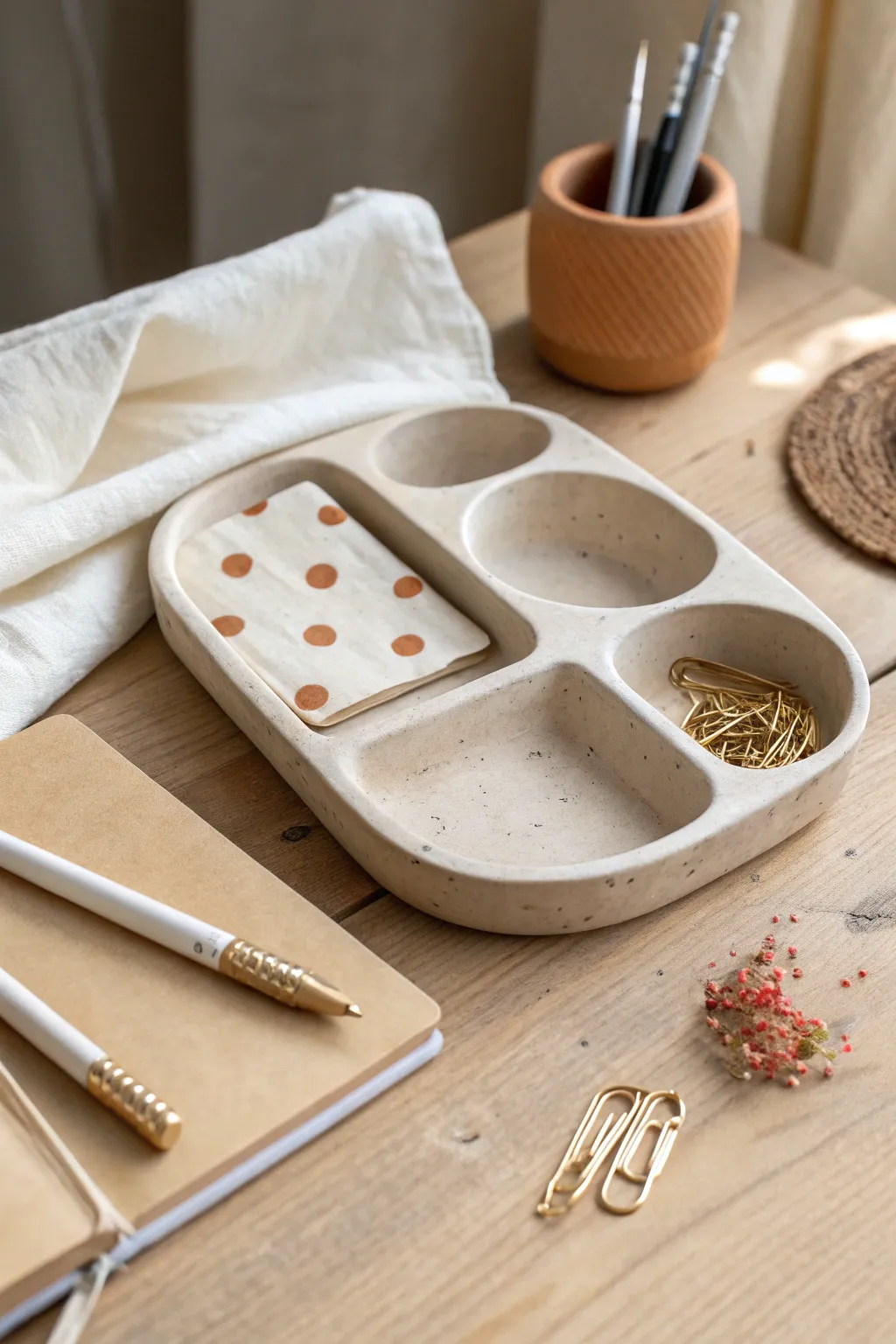 Minimal clay desk tray with rounded compartments and dotted details, styled for a tidy workspace.