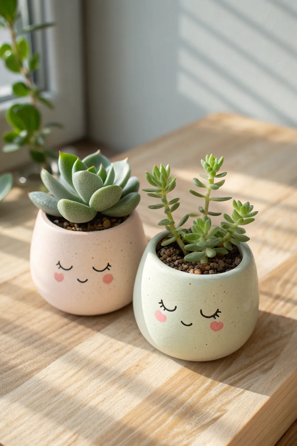 Two tiny chibi-face clay planters with blush cheeks, perfect for small succulents and shelves