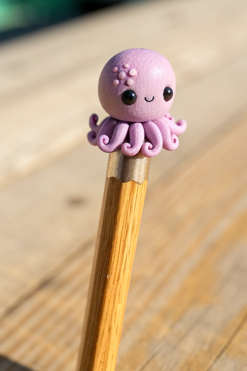 Tiny clay octopus pencil topper in soft pastels, a cute desk buddy for beginner makers.