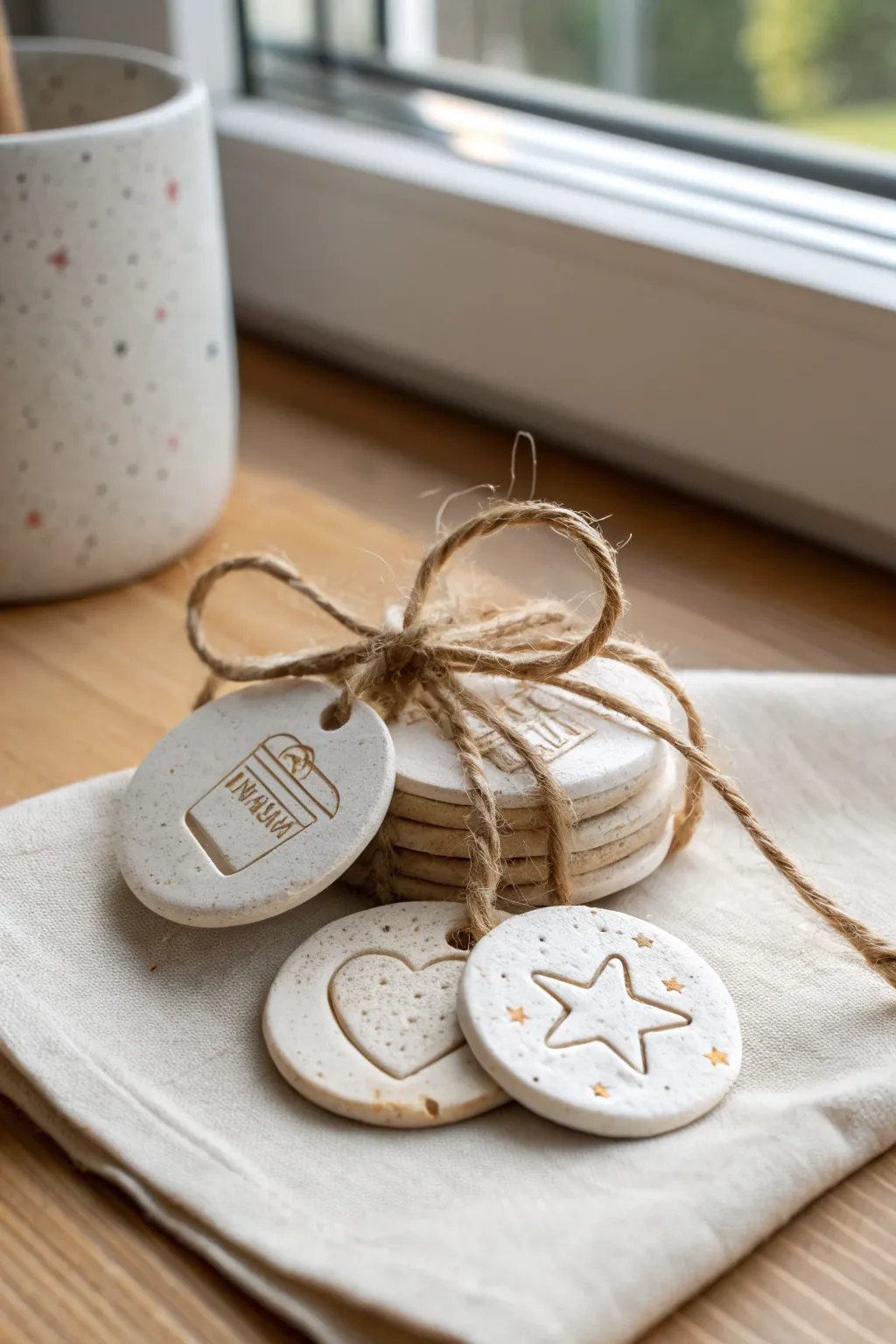 Handmade clay coupon tokens tied with twine, perfect for sweet date-night trades.