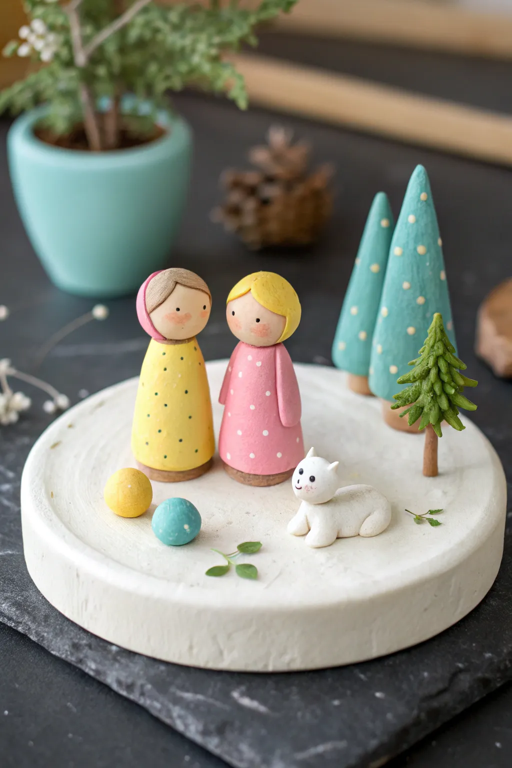 Mini small-world clay characters: simple kids, pet, and tree scene, bright and charming.