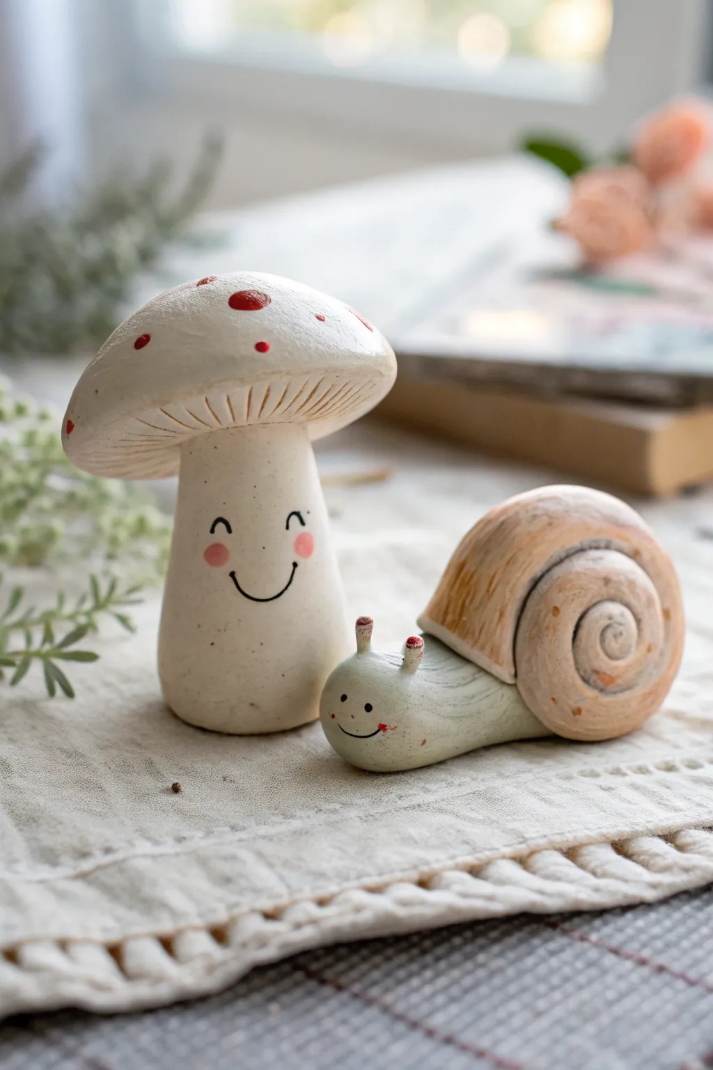 A tiny woodland friendship: smiling mushroom and snail besties in soft minimalist clay