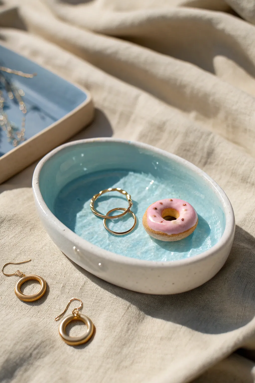 Tiny pool jewelry dish with donut floatie charm, perfect for rings in a minimalist boho space.