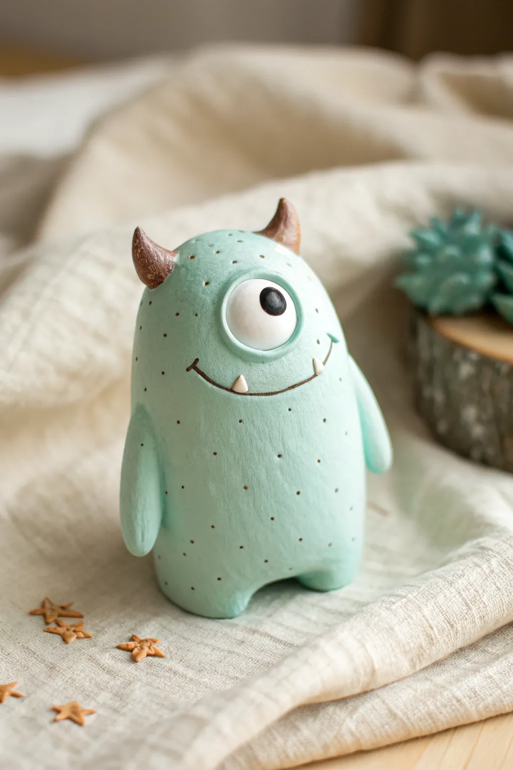 Pastel sprinkle party monster with a wink and tiny horns, sweet and simple for any shelf.
