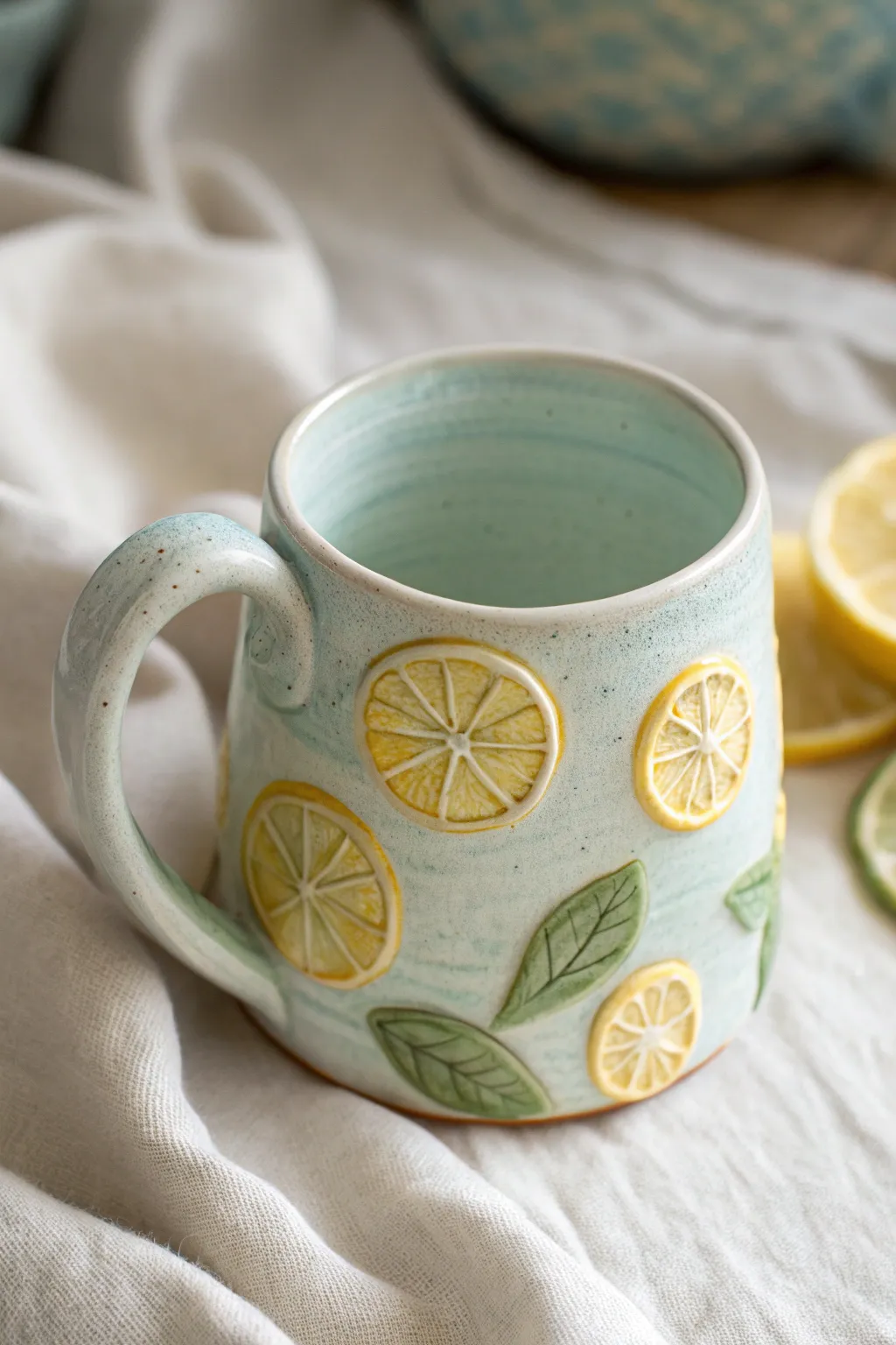 Lemon slice clay mug with zesty 3D citrus wheels, minimalist glaze, and cheerful handmade charm.