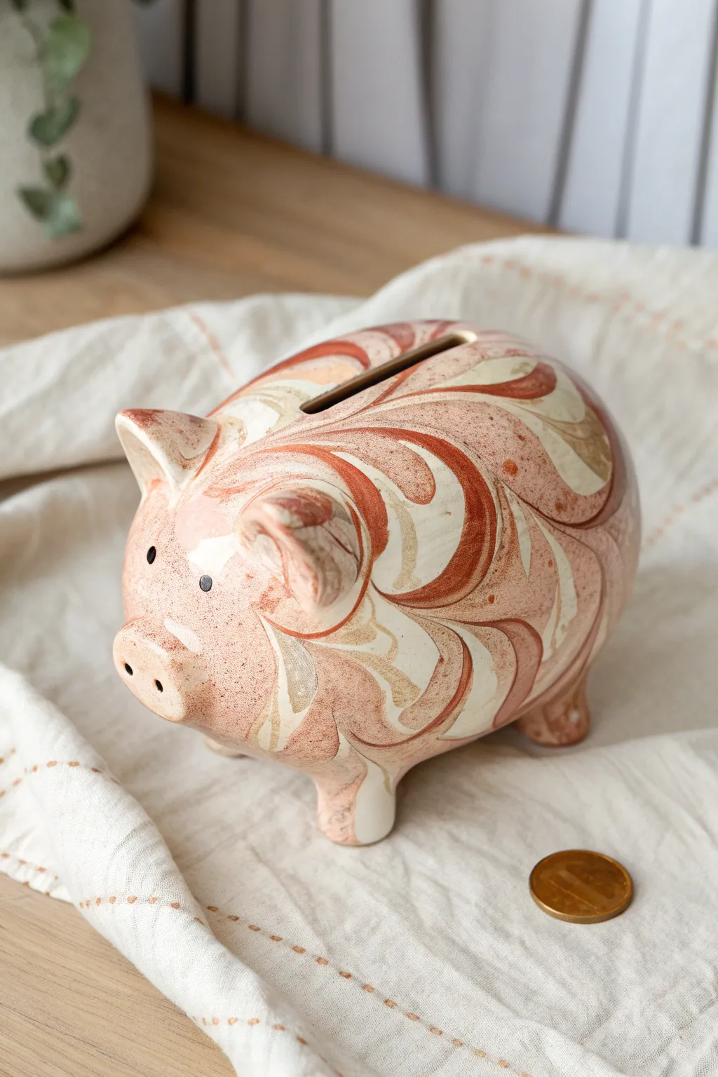 A minimal piggy bank with bold marbled swirls for an instant wow finish.