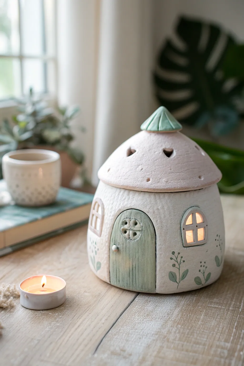 Fairy cottage pinch pot holder in soft pastels, styled minimal with warm candlelight glow