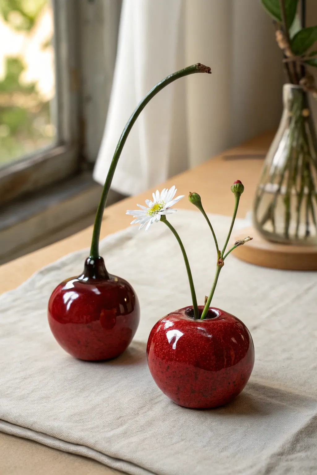 Cherry-shaped mini vase duo in glossy red glaze, a sweet minimalist accent for tiny blooms.