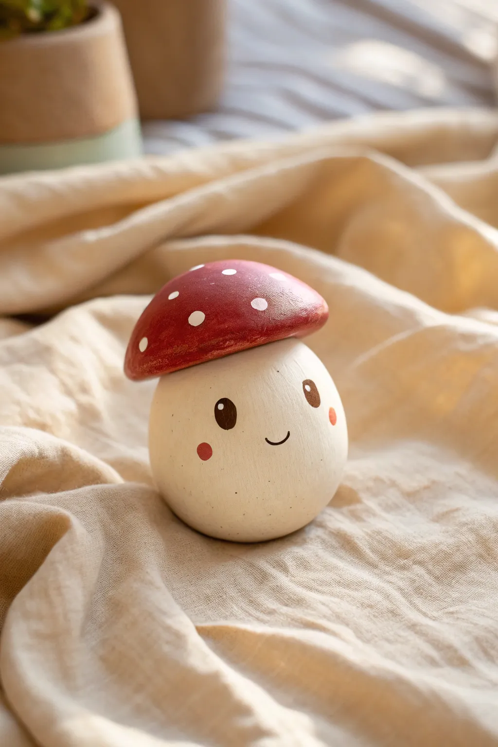 A sweet clay critter rattle with a red spotted mushroom cap for charming high-contrast style