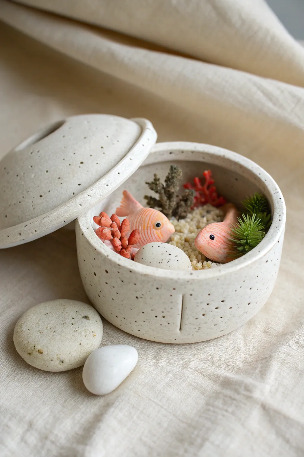 Pocket sized mini world in a lidded clay box, simple reef scene with a chubby kawaii fish