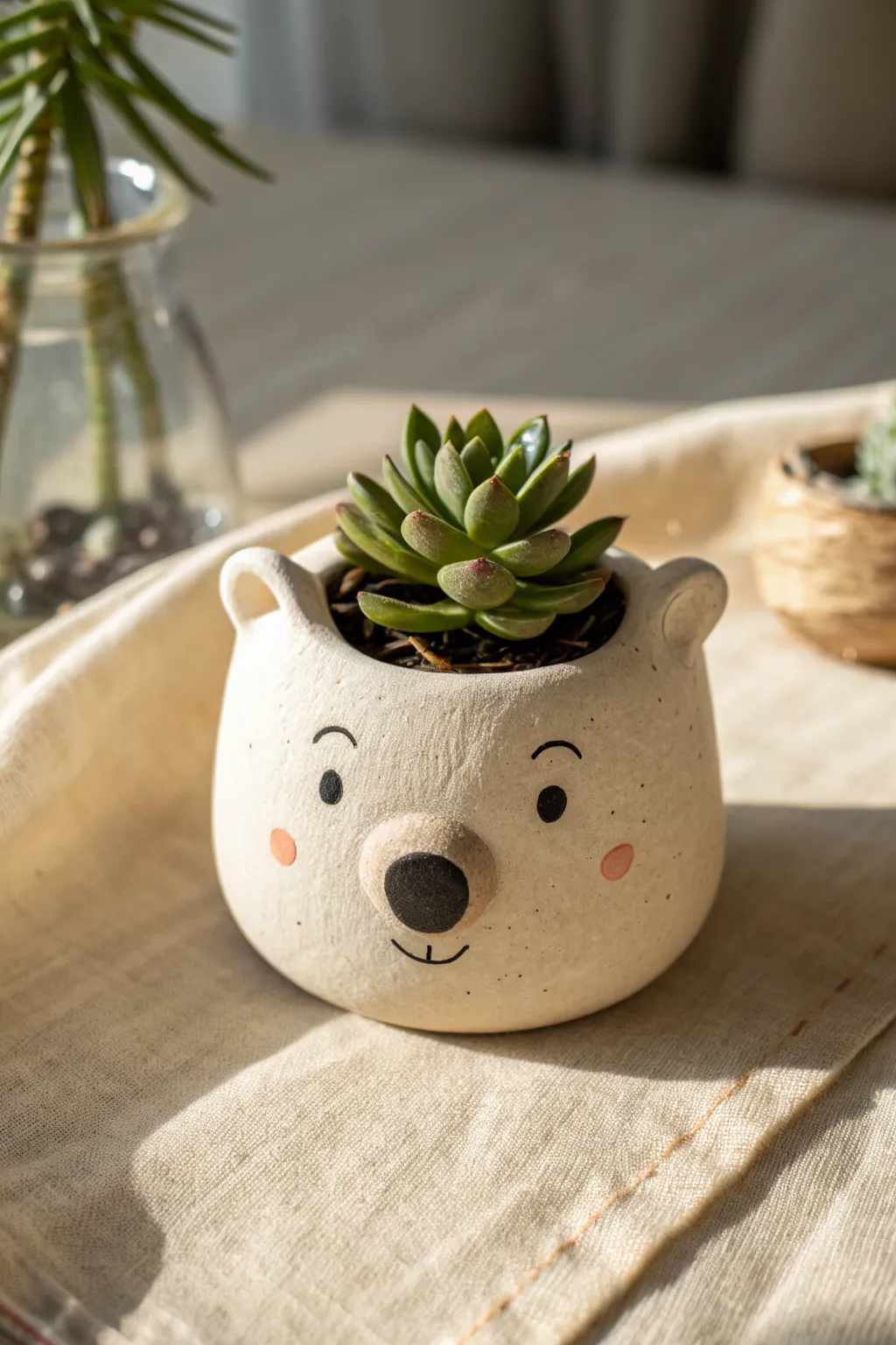 Sweet bear-face clay planter in matte pastel, holding a tiny succulent for easy boho charm.