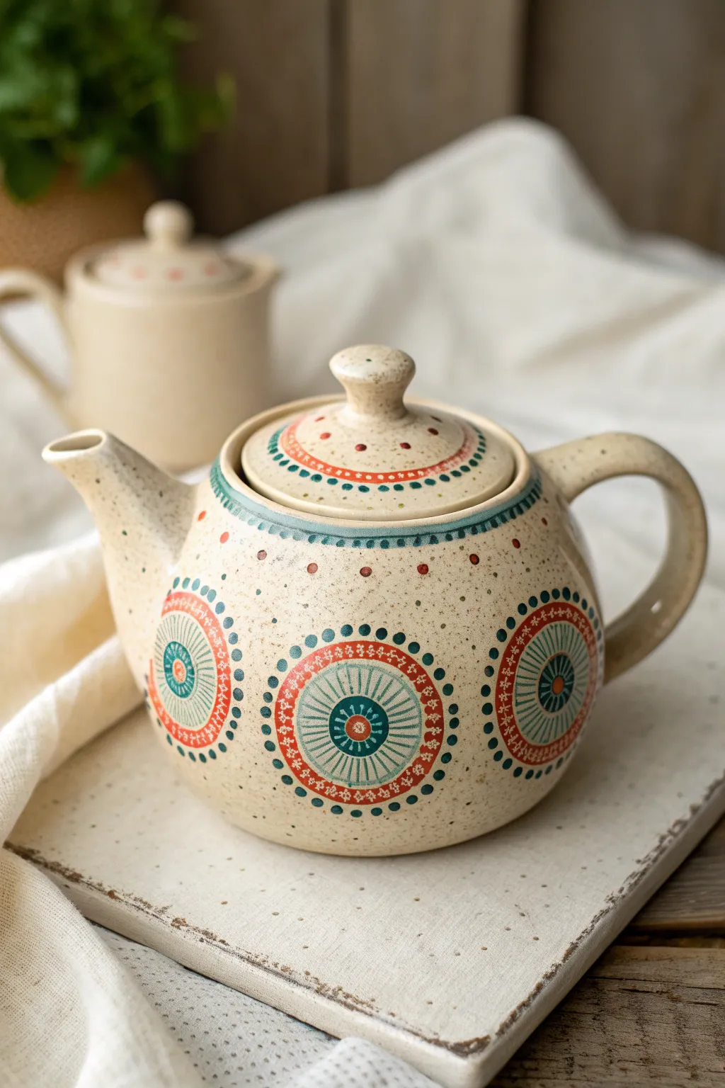 Mandala dot art teapot with cheerful color pops, minimalist styling and cozy boho vibes.