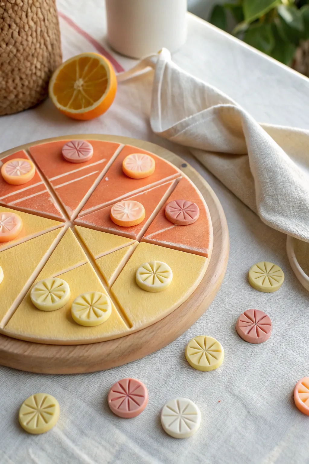 Juicy citrus-slice clay tic tac toe with seed and wedge tokens in fresh minimalist style.