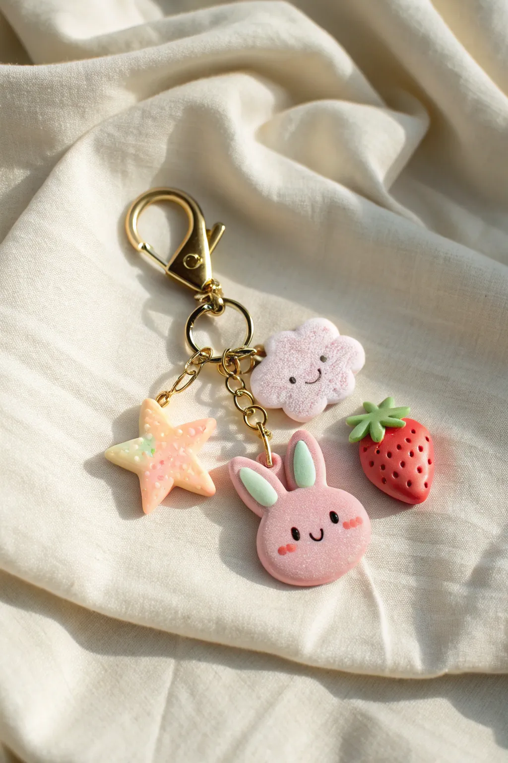 Pastel clay mix-and-match bag charm set: star, cloud, bunny, and strawberry on one keyring.