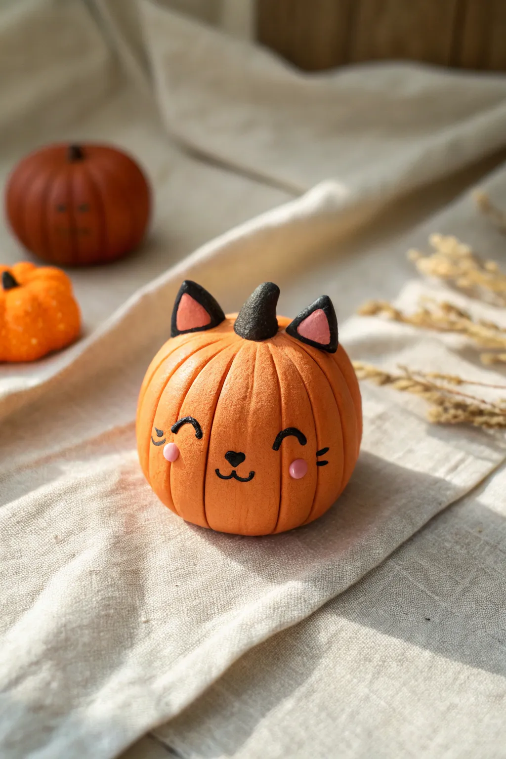 Adorable pumpkin-cat buddy in polymer clay, perfect for cozy autumn decor and quick DIY joy.