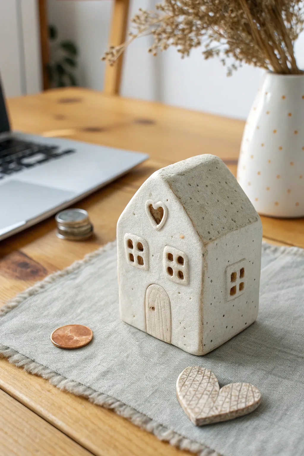 Cute tiny clay house for desk decor, heart detail and coin scale, minimalist Scandinavian boho charm.