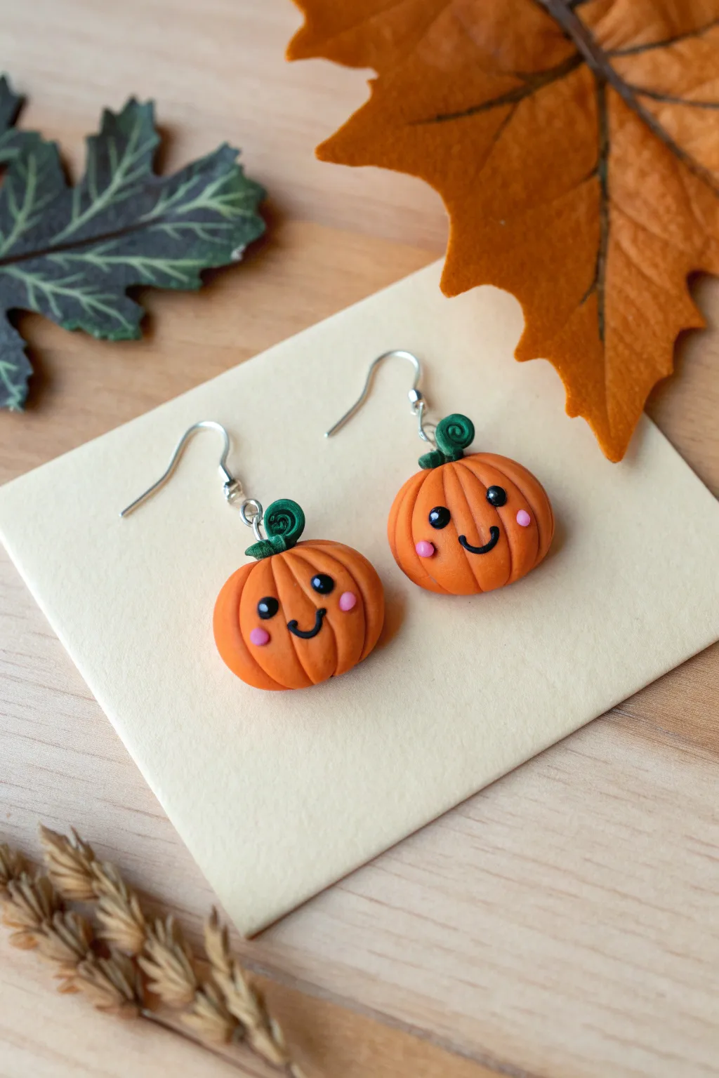 Sweet pumpkin face earrings with cozy fall vibes, styled simply with dried leaves