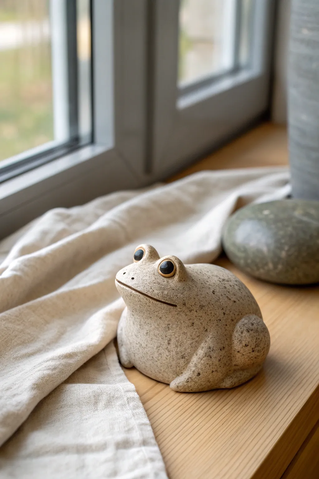 Speckled pond stone frog with simple pebble charm, a cute minimalist clay project idea.