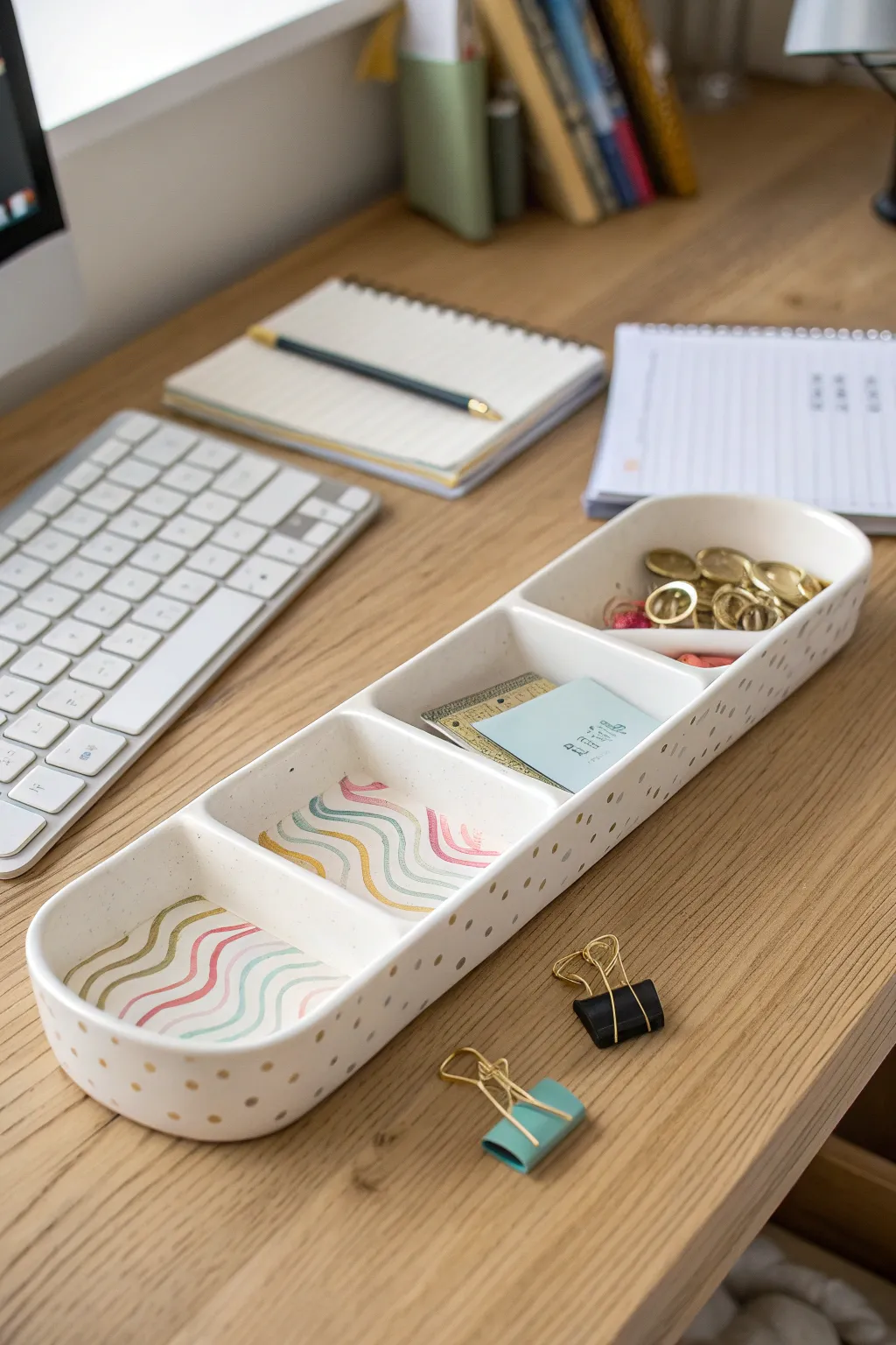 Wavy clay desk divider tray with playful stripes, keeping clips and notes beautifully sorted.