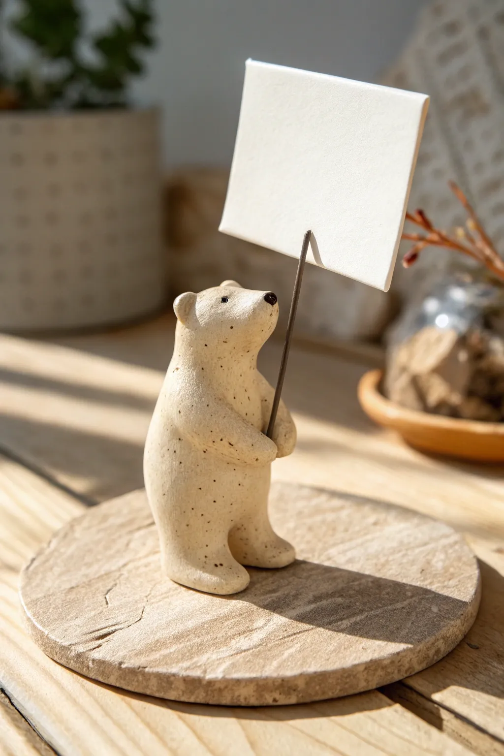 Tiny bear clay stand holding a blank card, minimal and sweet with cozy Scandinavian vibes.