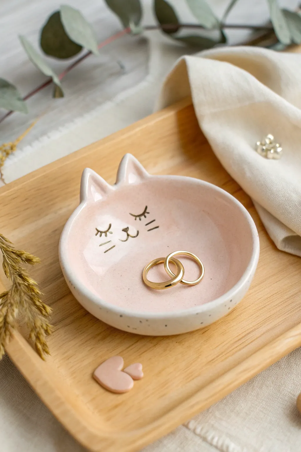 Kawaii clay trinket dish with cat ears rim, a sweet minimalist spot for rings and tiny treasures