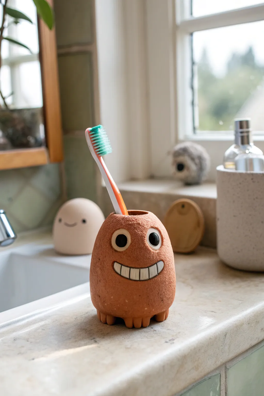 Adorable blob creature toothbrush holder in earthy clay, minimalist, handmade bathroom charm.