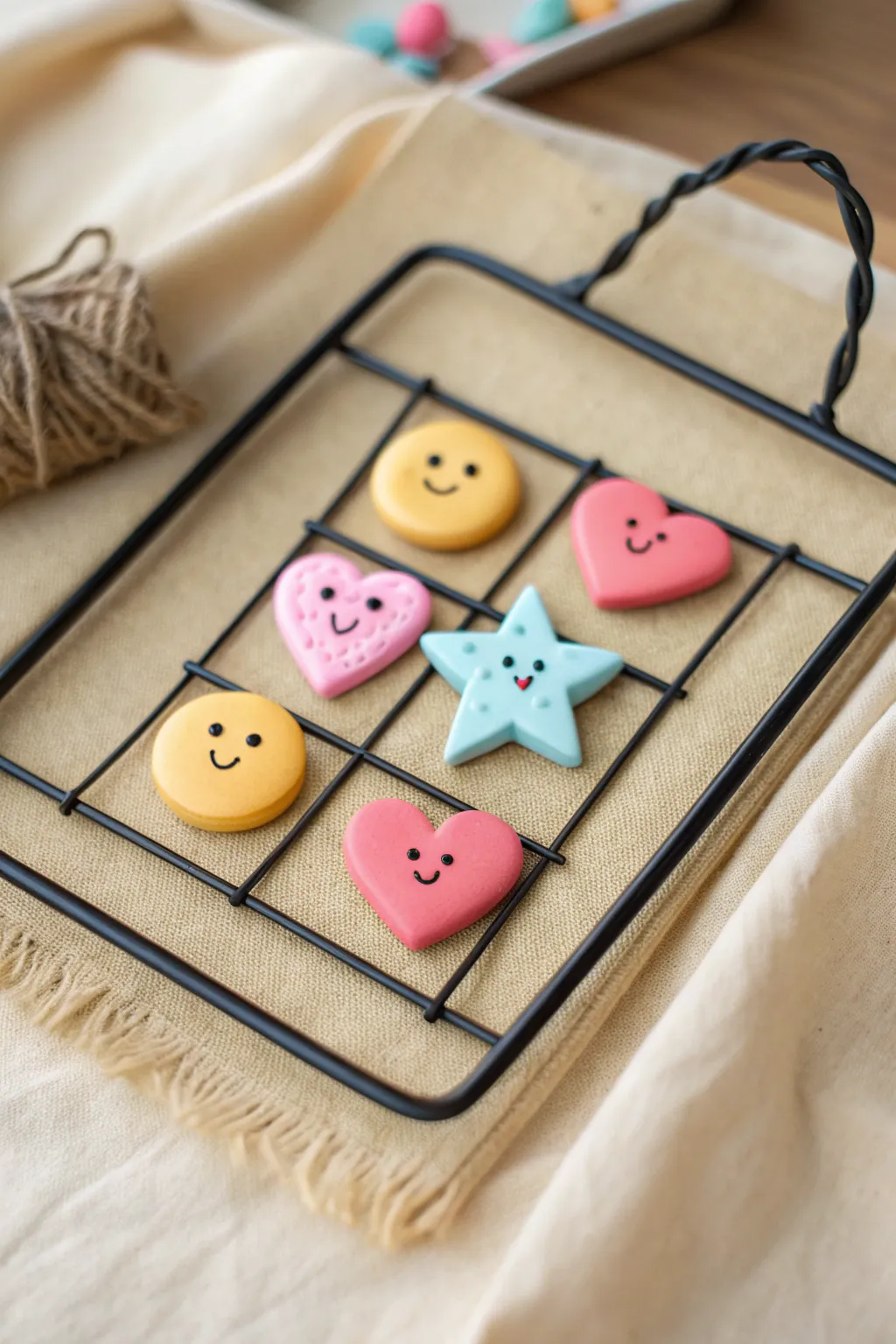 Mini happy face clay magnet minis on a small metal board, cheerful pastels with Scandinavian calm