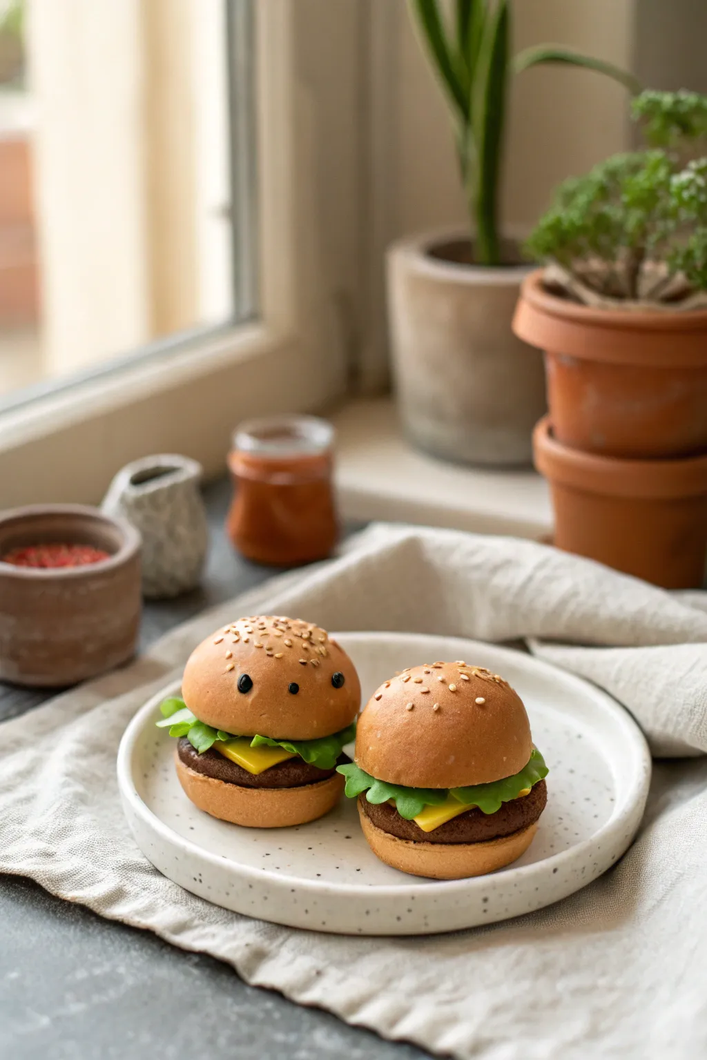 Mini burger stack buddies made from model magic, cute dot eyes and fresh lettuce vibes.