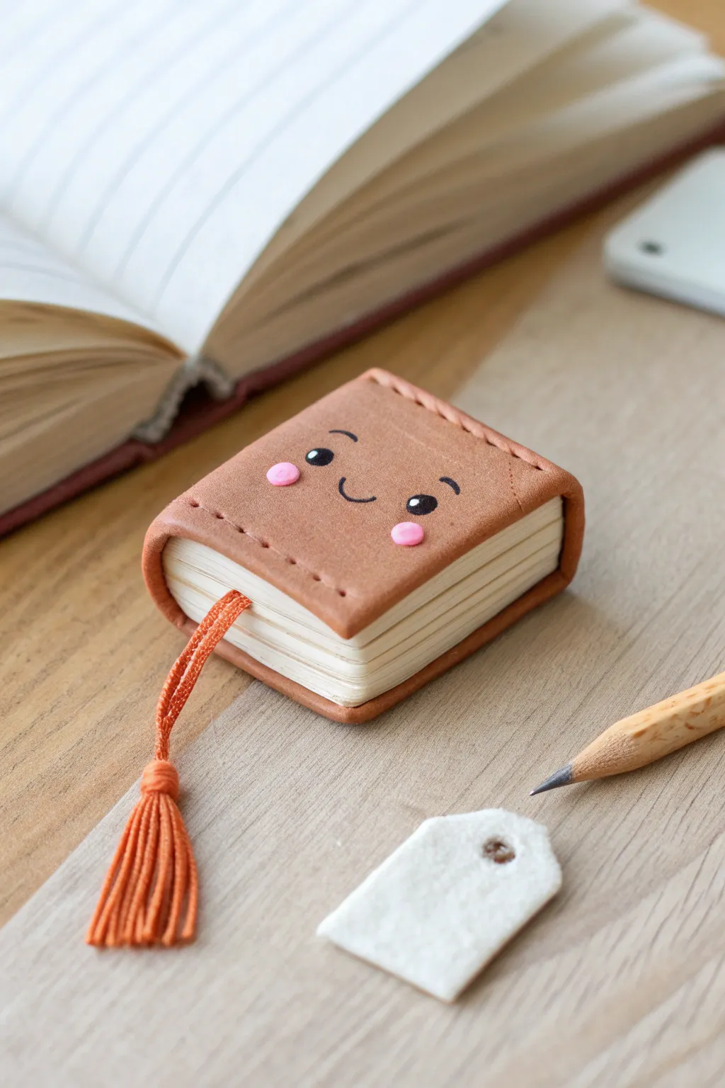 Make a tiny book buddy charm with a peekaboo bookmark tassel, perfect for cozy desks.