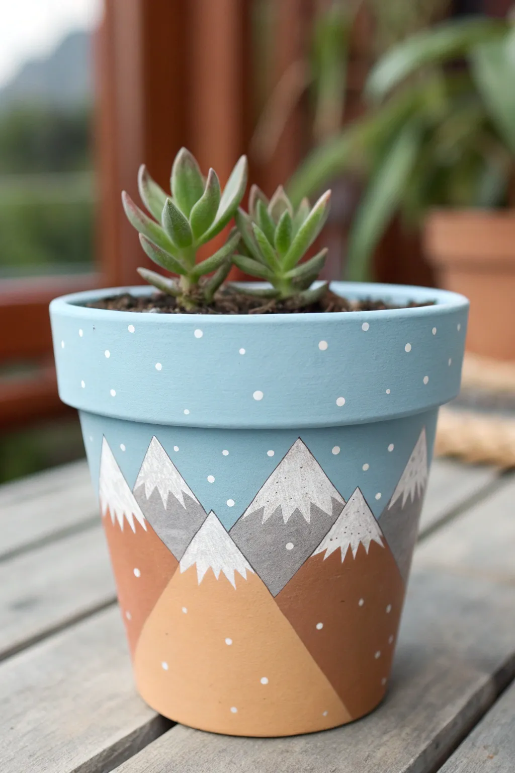 Sweet mountain-and-sky painted pot idea: minimalist landscape wrap with tiny stars, boho calm.