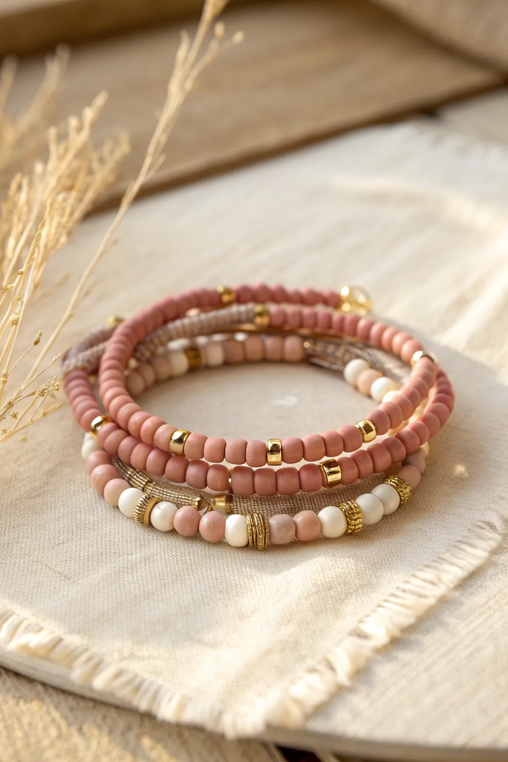 Dusty rose and blush heishi bead bracelet stack with minimal gold spacers on warm linen.