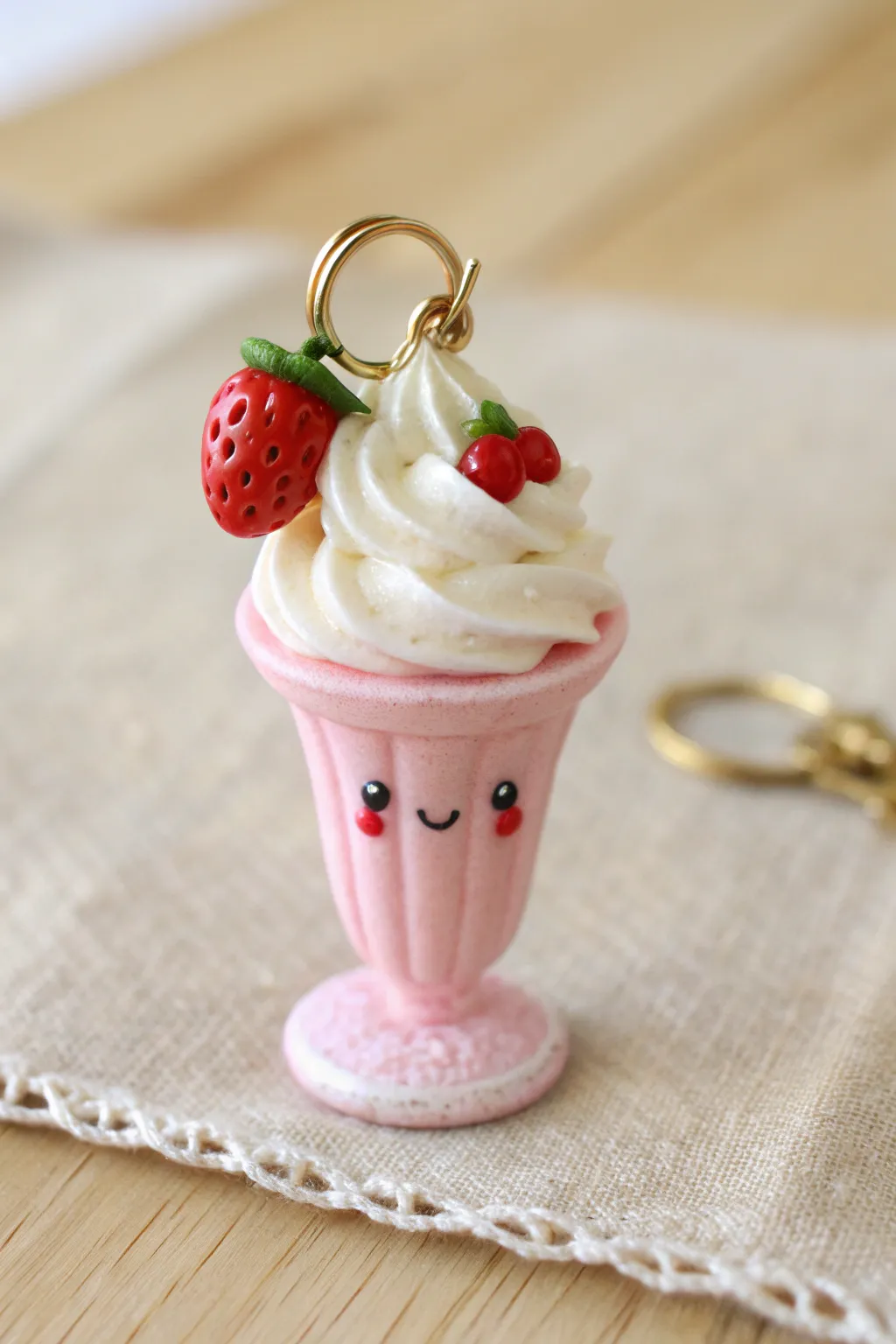 Whipped cream strawberry sundae charm in pink clay, simple, sweet, and perfectly photo ready