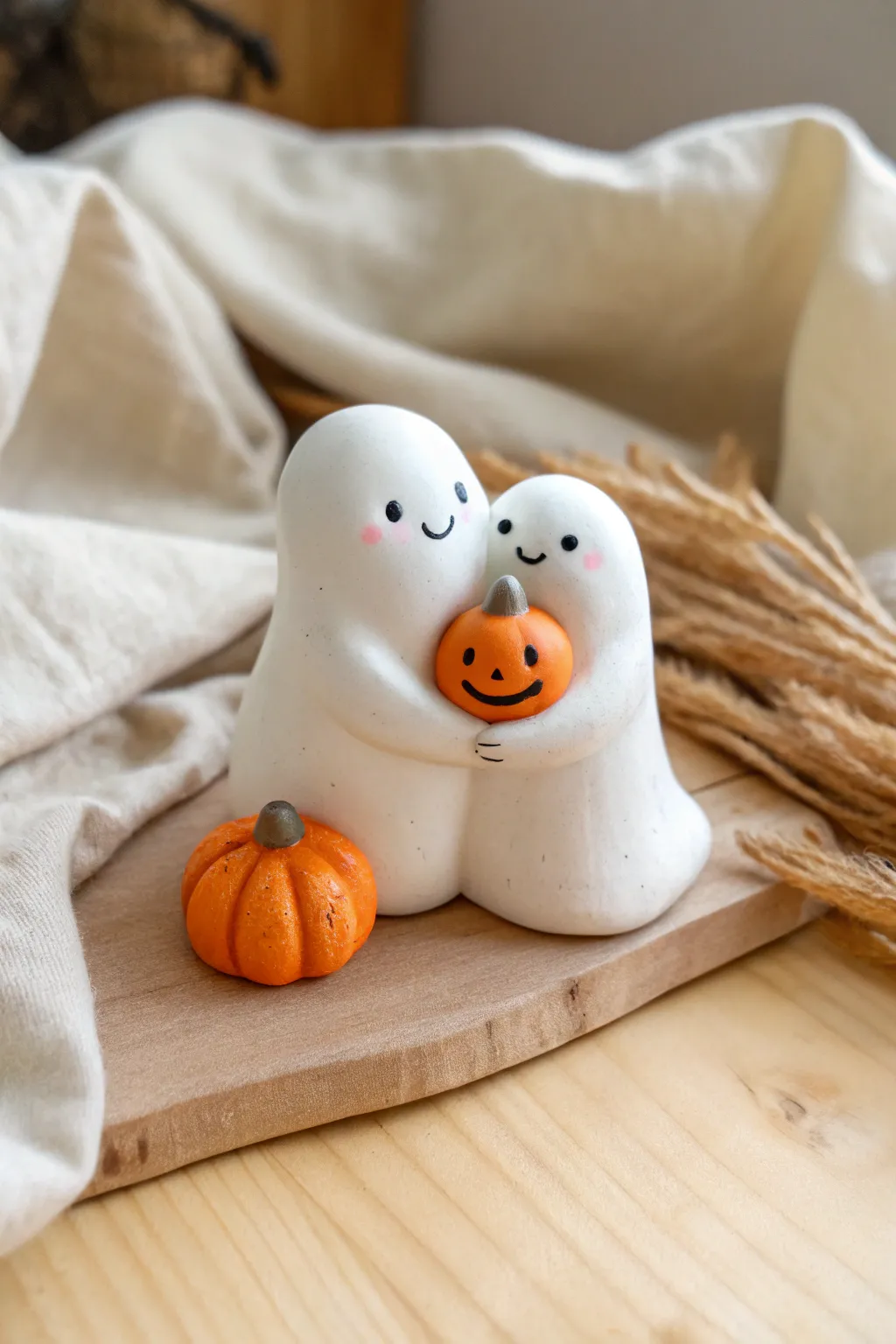 Two cuddly mini clay ghosts holding a happy pumpkin, simple, cozy, and perfectly autumn cute
