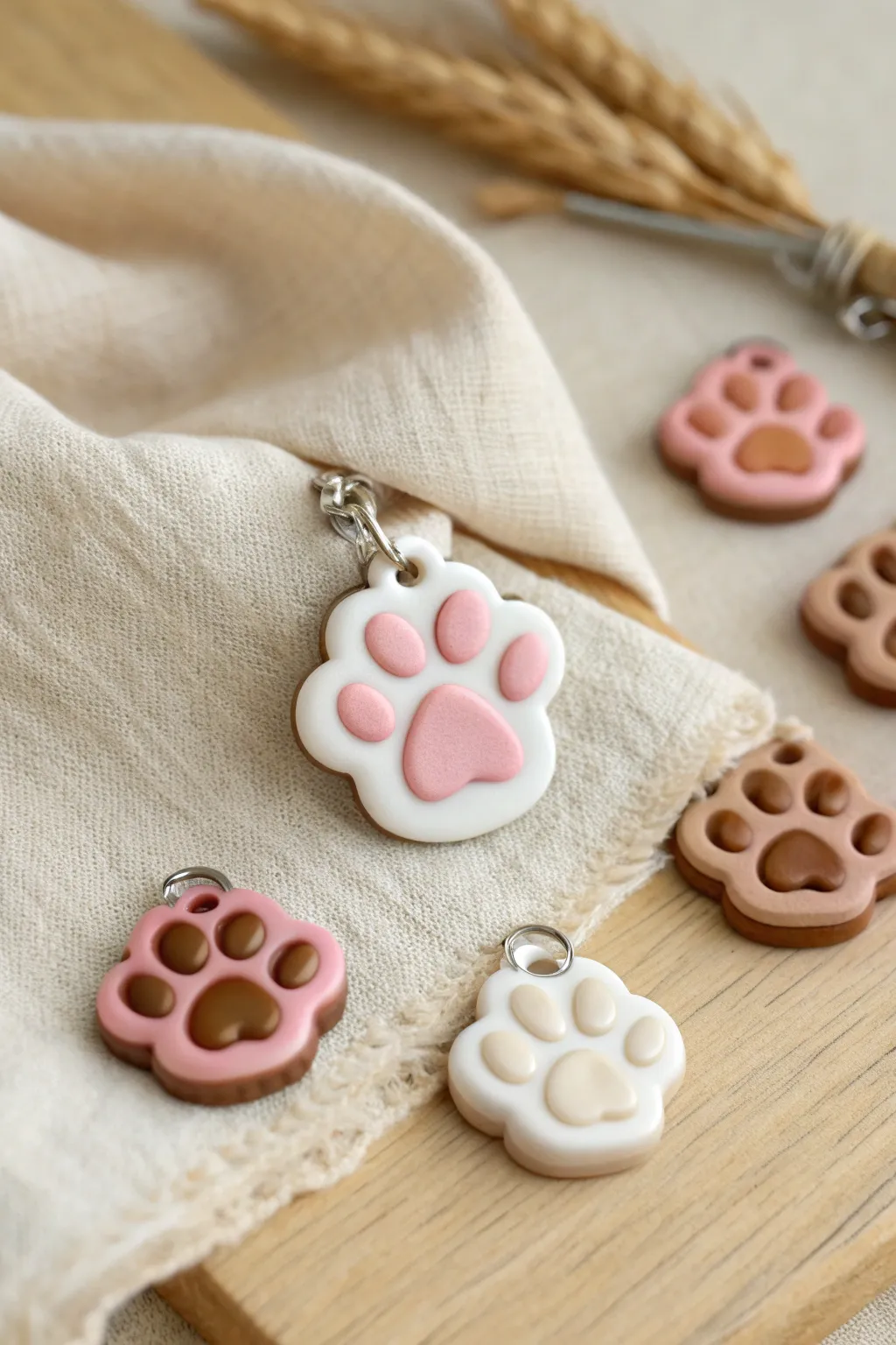Tiny kawaii paw-print polymer clay charms in blush and neutrals, perfect beginner project.