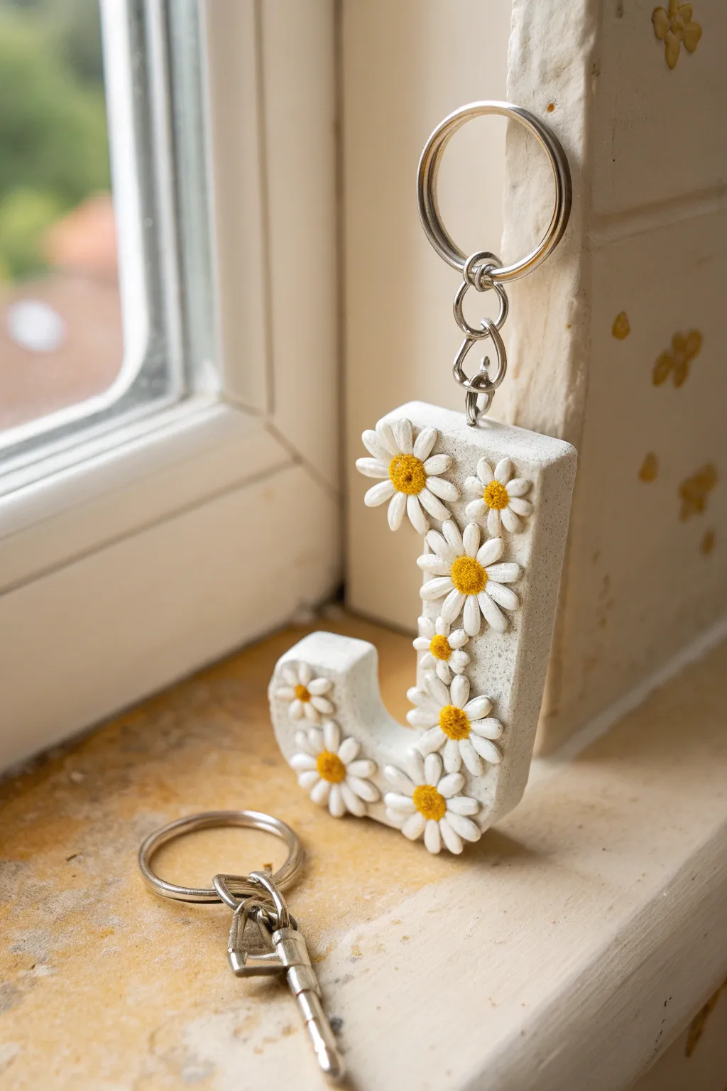 Sweet daisy-covered initial keychain in polymer clay, minimal Scandinavian style with boho charm.