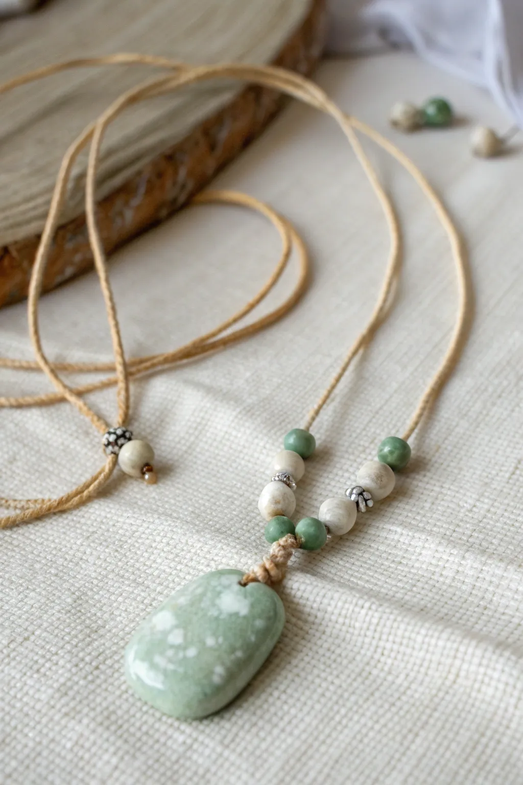 Faux jade nugget pendant with soft green marbling for a cute minimalist polymer clay necklace.