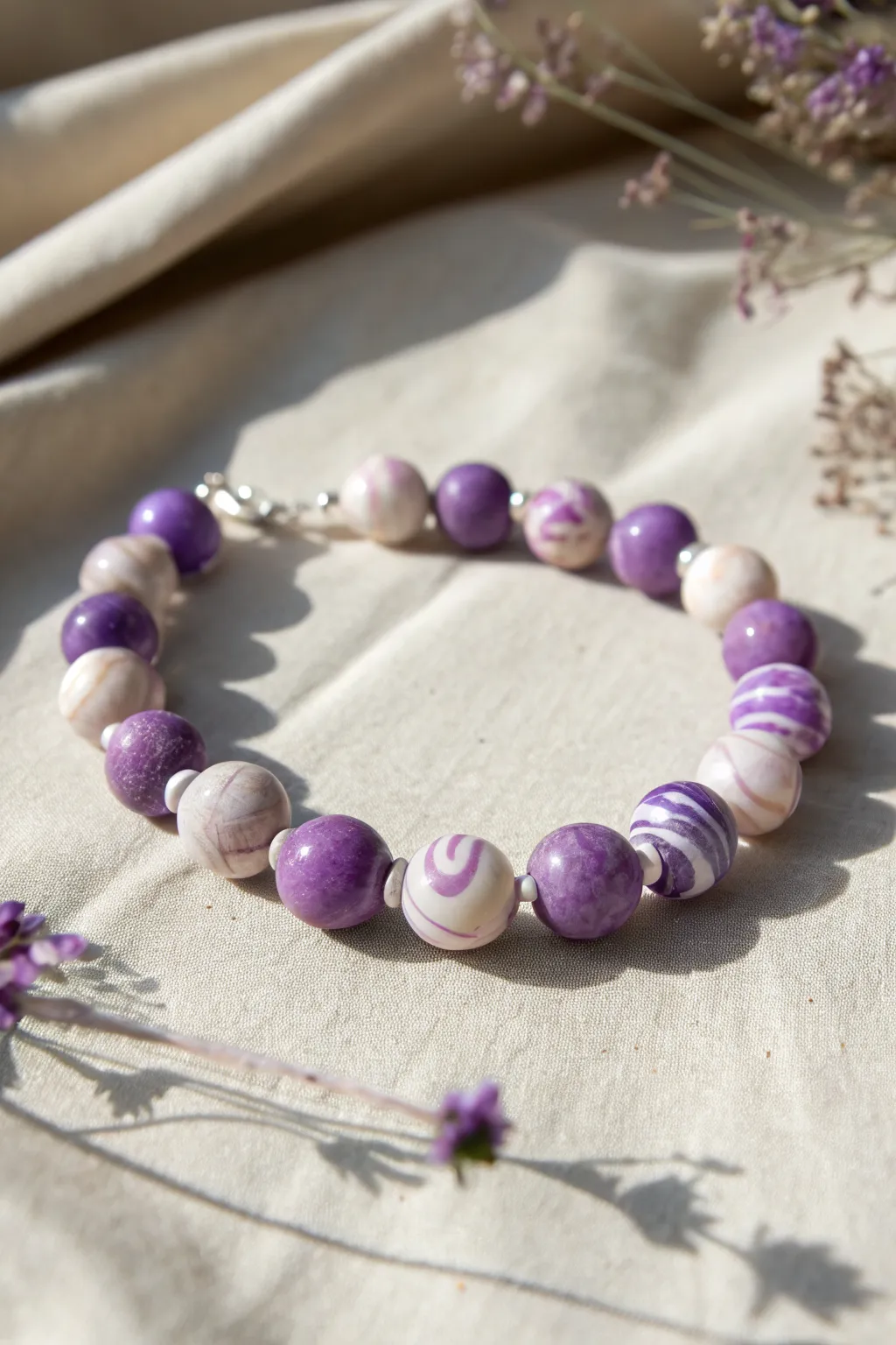 Marbled lavender clay bead bracelet with soft violet swirls, minimalist and boho chic.