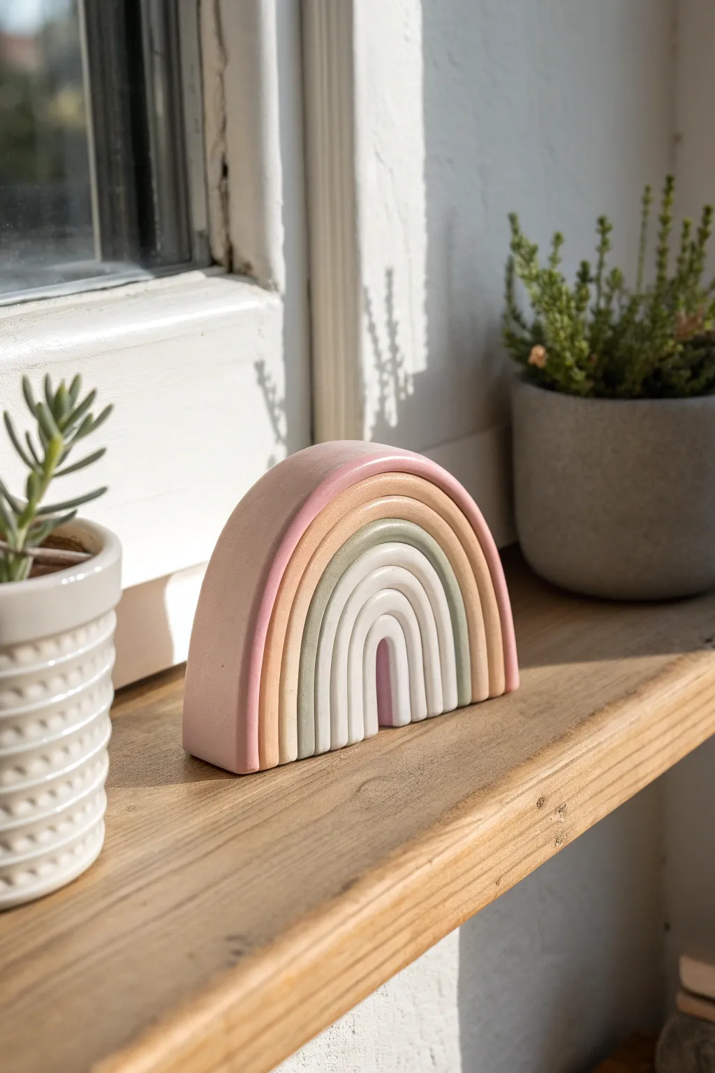 Soft pastel air dry clay rainbow arch for a cozy shelf vignette, minimalist and cute.