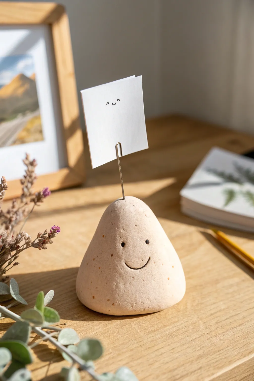 Tiny smiley clay photo holder in soft neutrals, a cute minimalist decor idea for small spaces