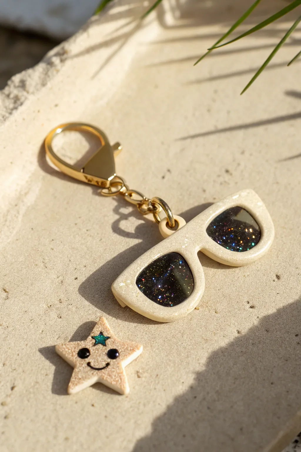 Cute clay sunglasses charm with sparkly star eyes, a sunny minimalist boho summer vibe