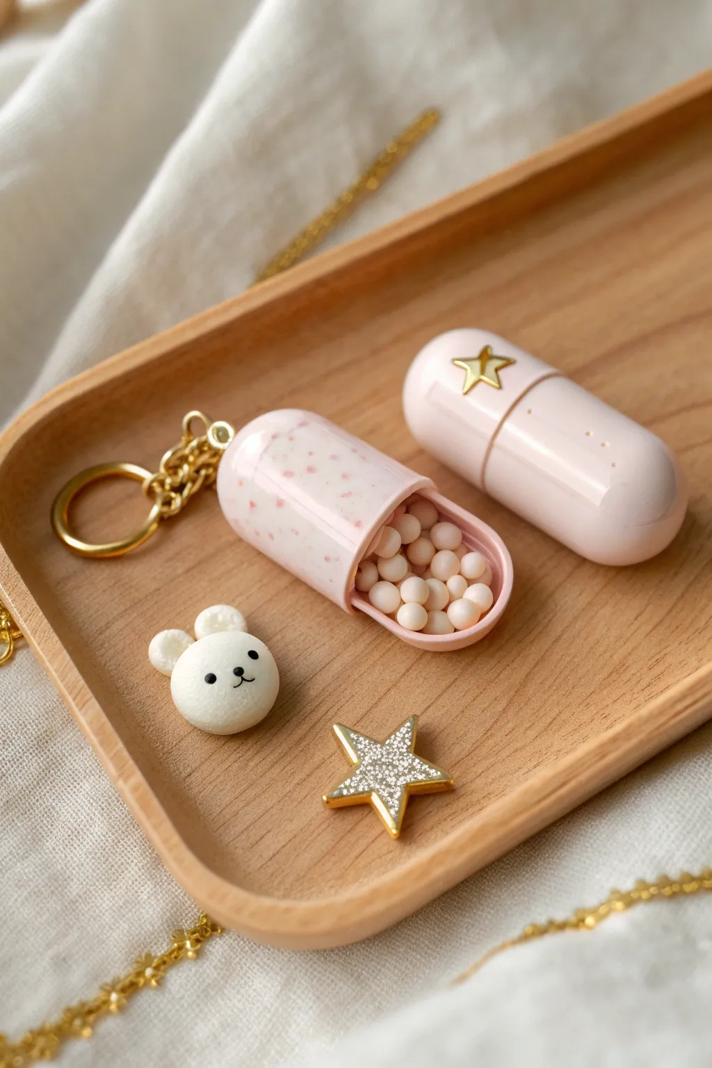 Micro capsule charms: one closed, one open, hiding a tiny surprise character inside.