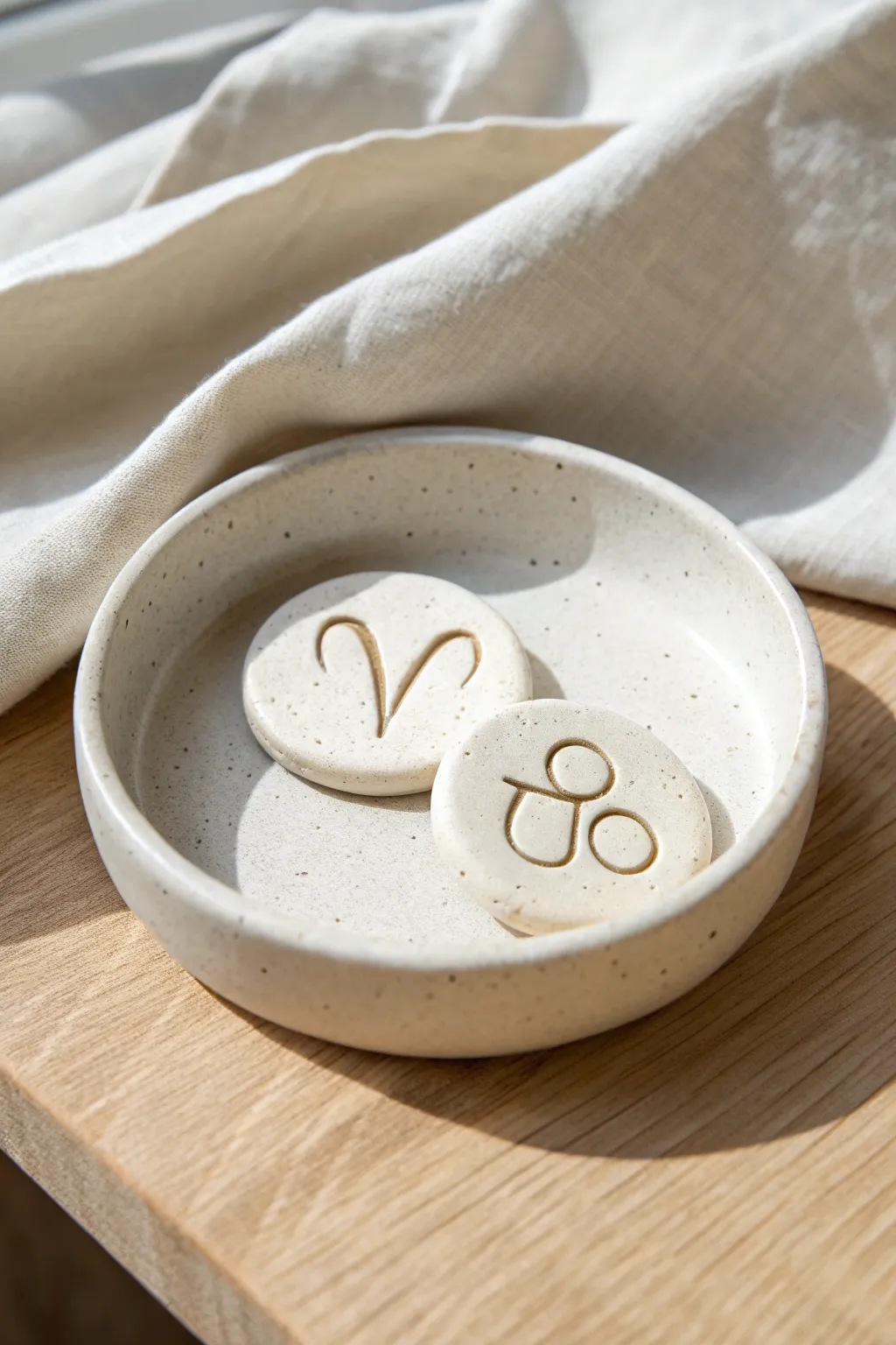 Two minimalist zodiac clay tokens in a tiny dish, a sweet handmade keepsake for date night.