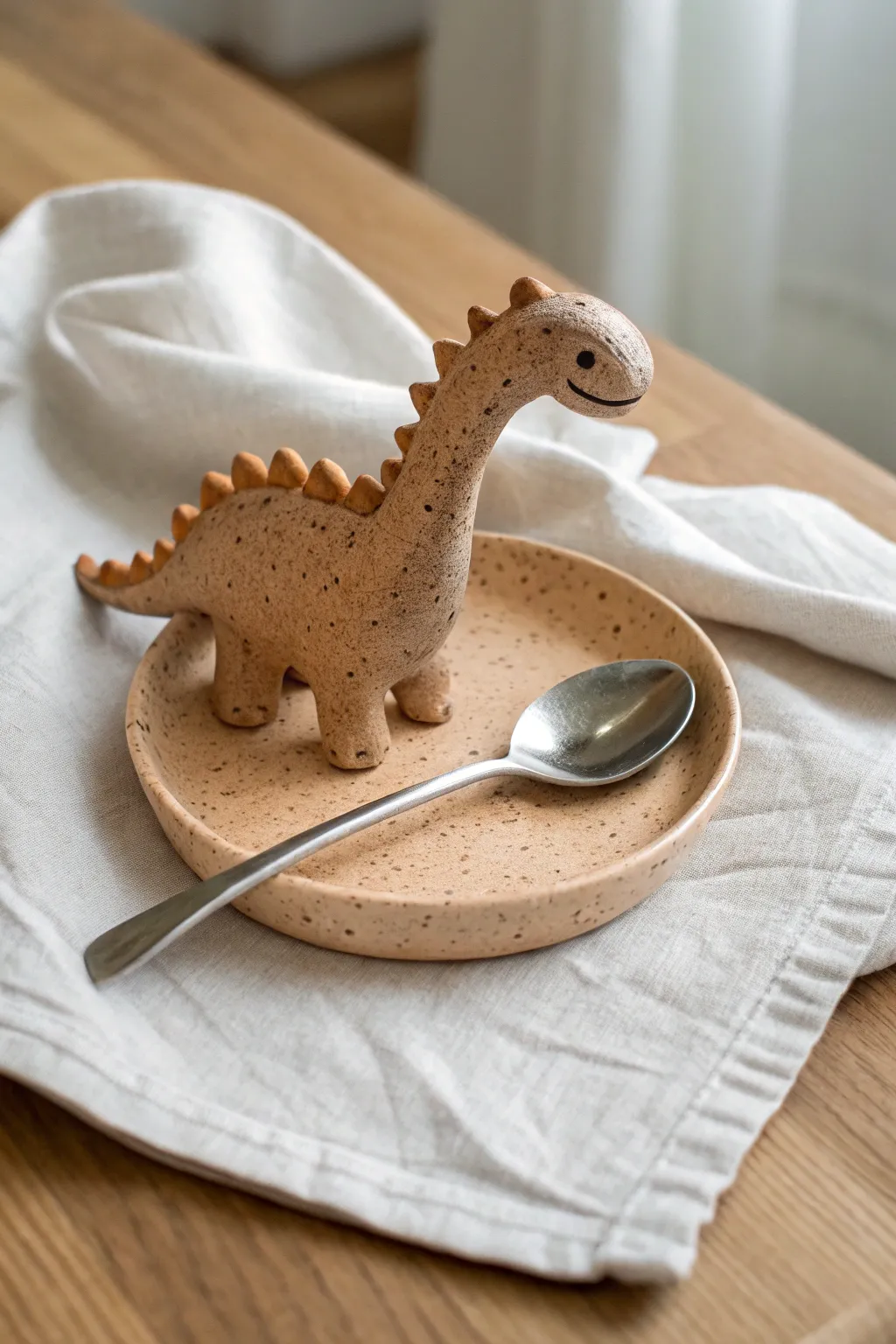 A sweet smiling dinosaur spoon rest in simple clay, minimalist and functional for daily cooking