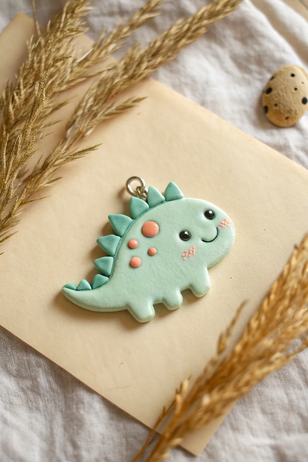 Puffy sticker-style dino charm in soft pastels, a minimalist air-dry clay idea to copy.