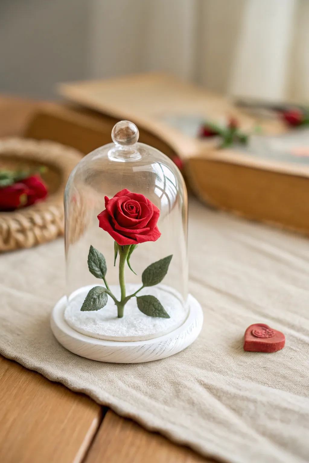 Fairytale-inspired rose-in-a-dome mini clay sculpture, minimalist and sweet for Disney decor.