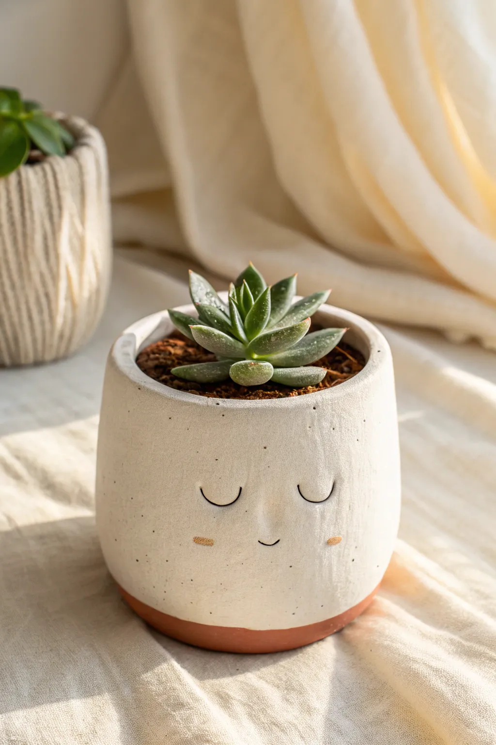 Minimal air-dry clay planter cover with a sweet face, perfect for small pots and tiny plants