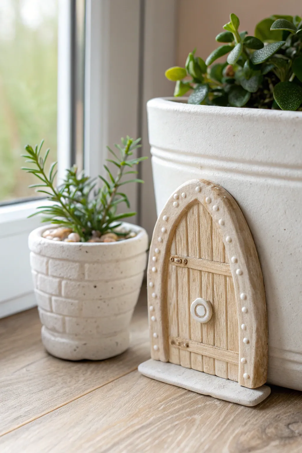 Kid-friendly air dry clay fairy door brings plant pots to life in soft Scandinavian boho minimal style