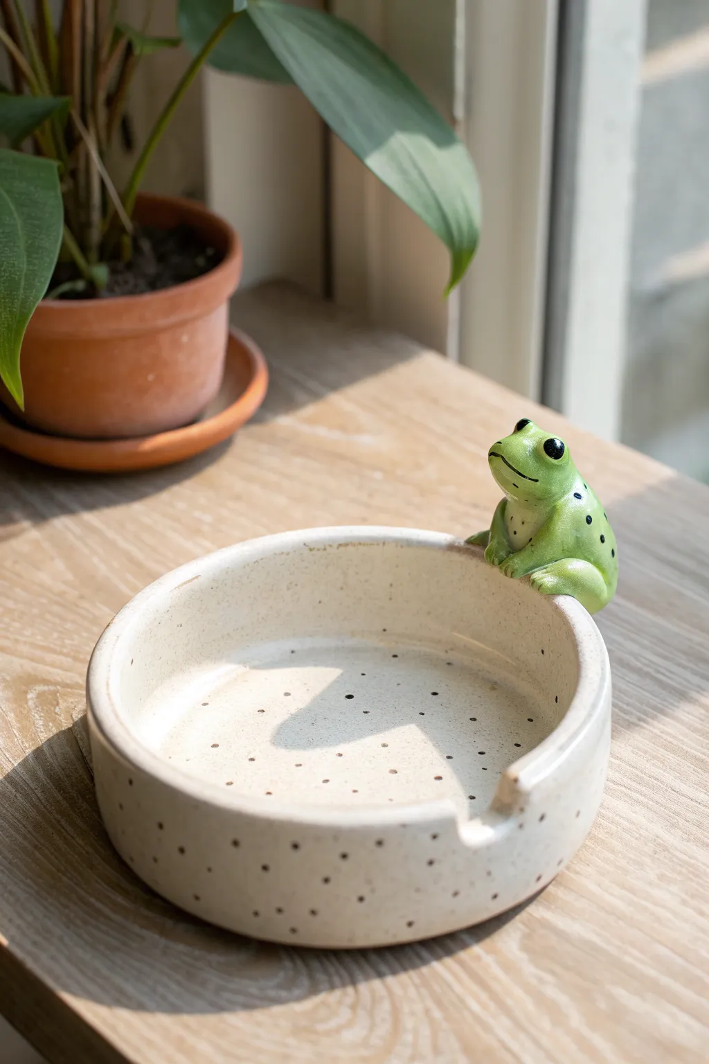 Frog buddy rim-sitter ashtray in matte clay, bright green pop, minimalist and cozy.