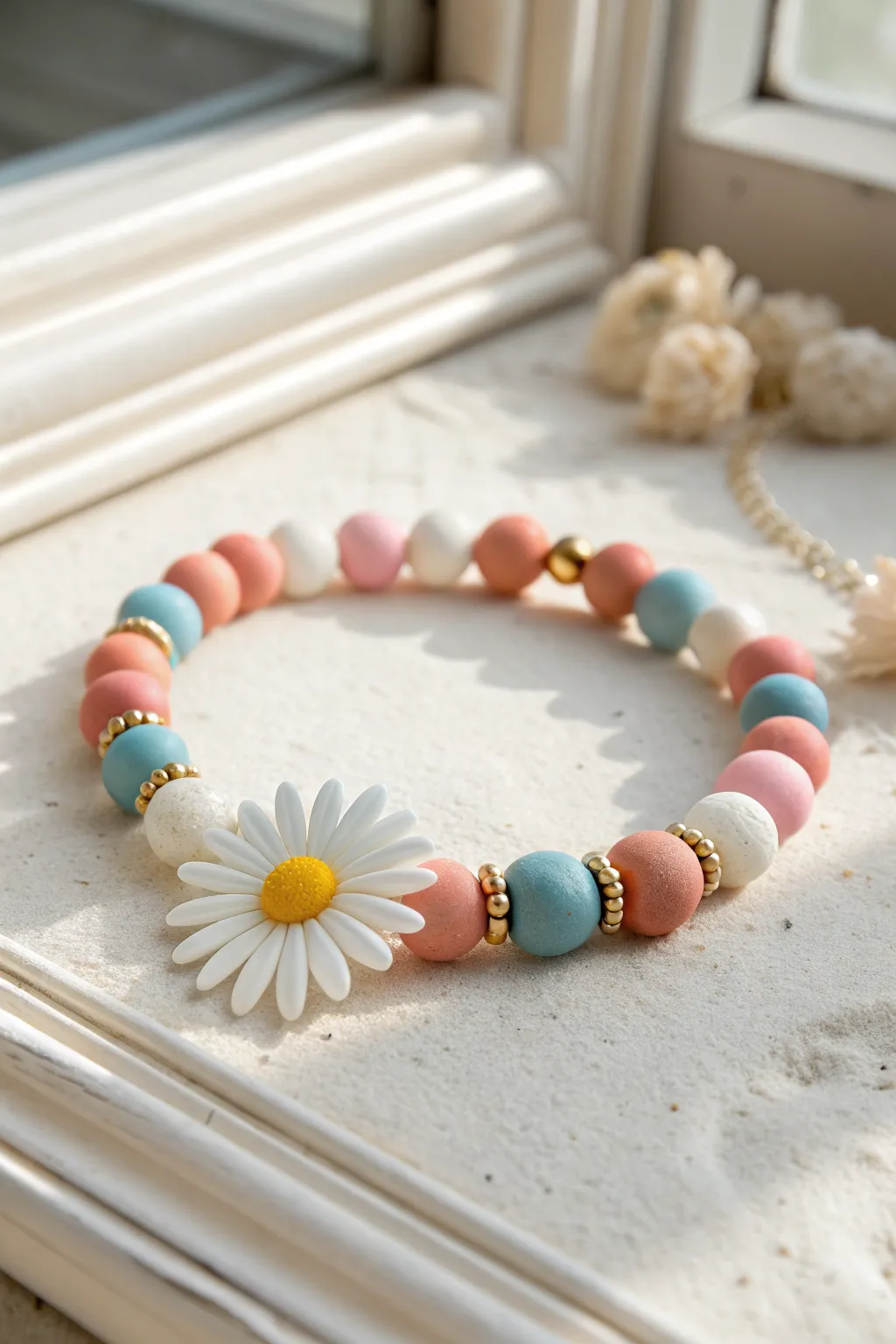 Daisy centerpiece clay bead bracelet with bright heishi beads for an easy cheerful DIY look